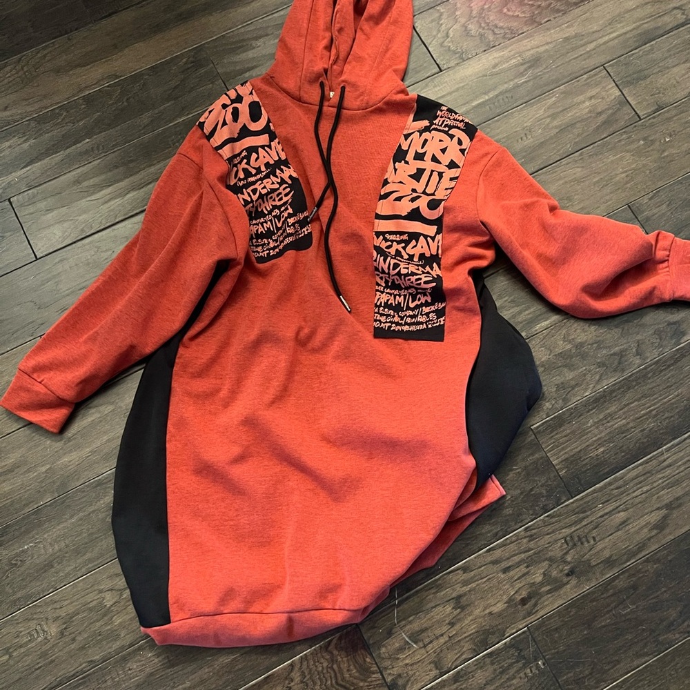 Burnt Orange/ Red Graphic Hoodie Dress